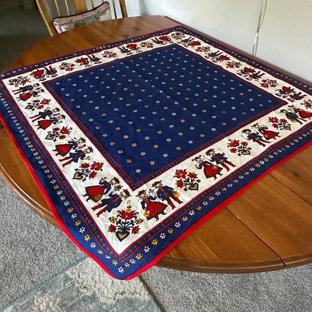 Vintage Kolf Austria Folk Art Kitchen 2 Pc Set Red Blue Bib Apron & Table Square